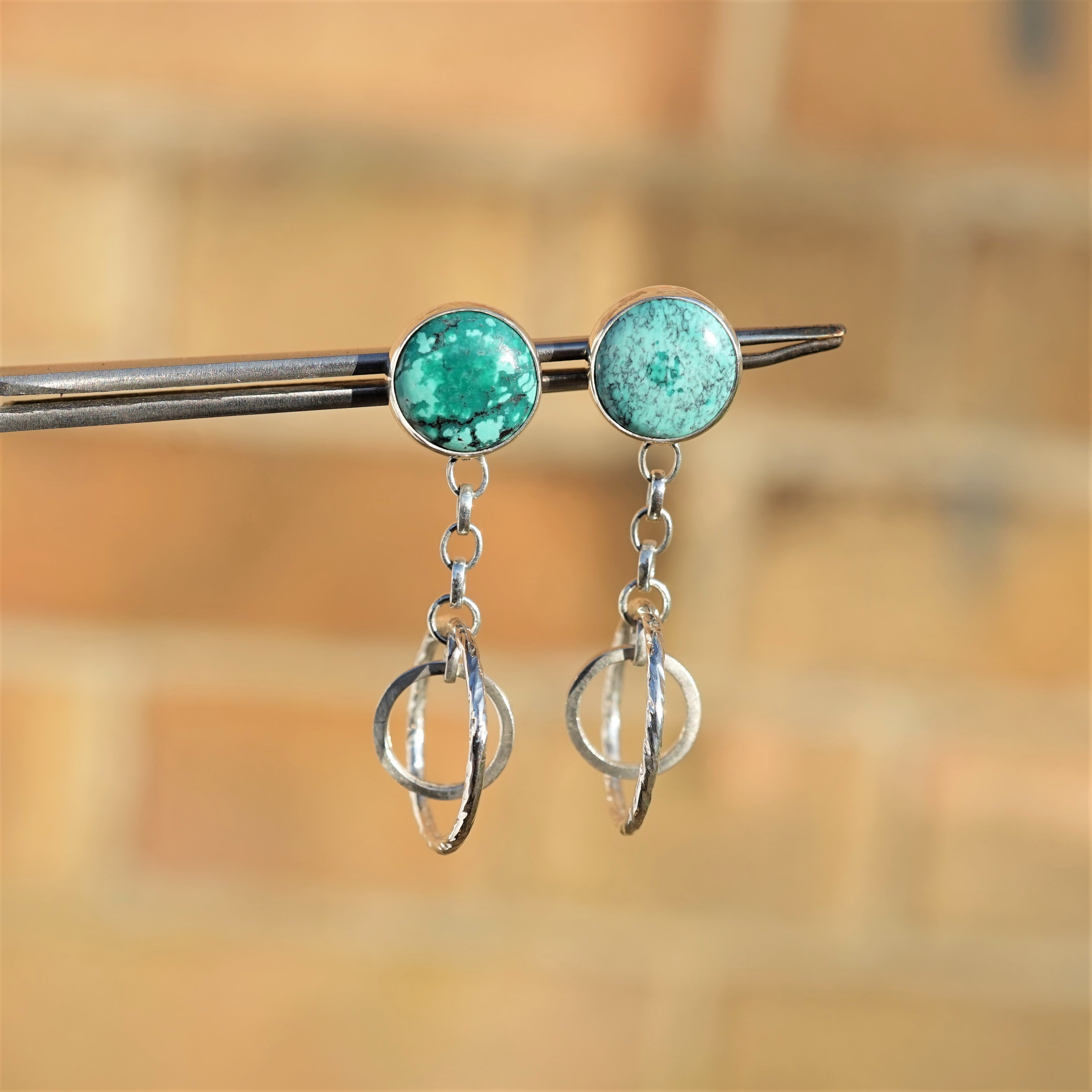 Turquoise Chain Earrings Dangles on Curly-Q Sterling Silver newest Barrels