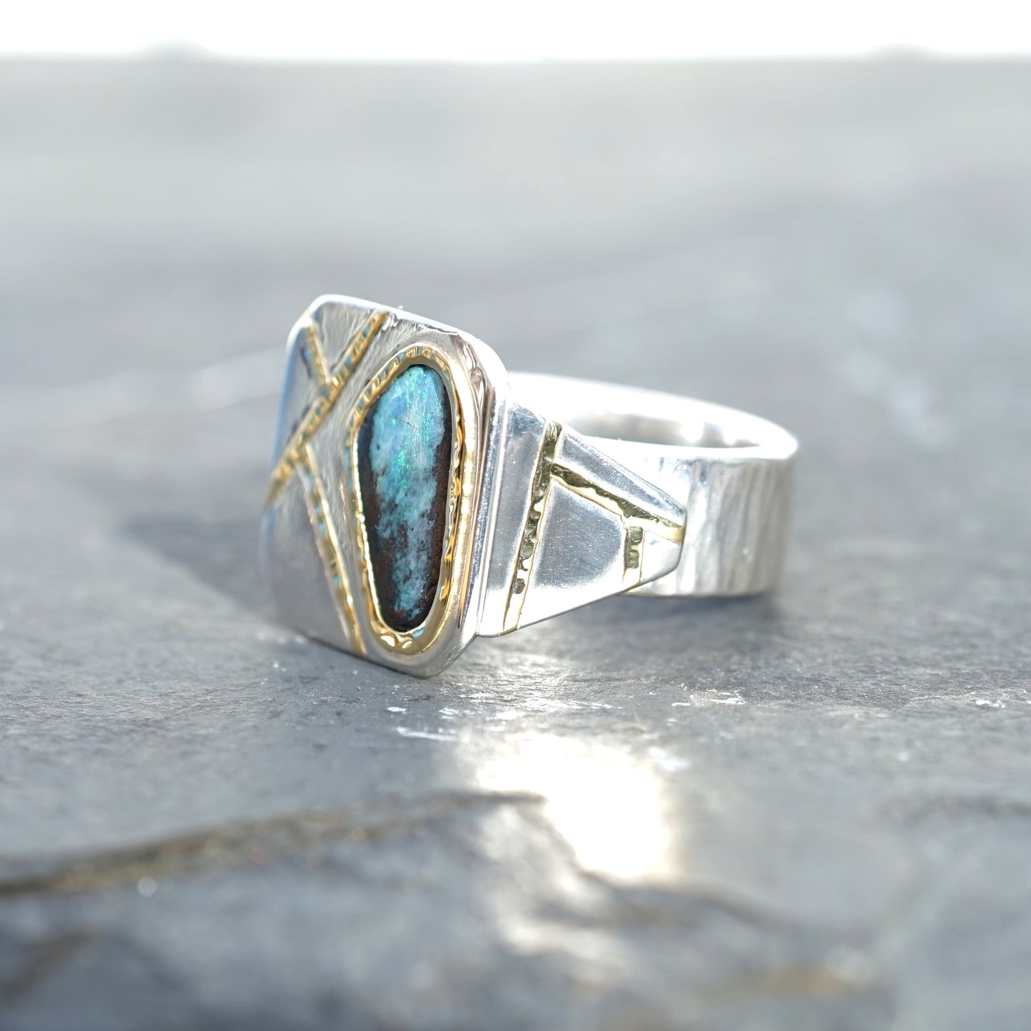 Australian Boulder opal, Silver and 18ct Gold Signet Ring, Size Q