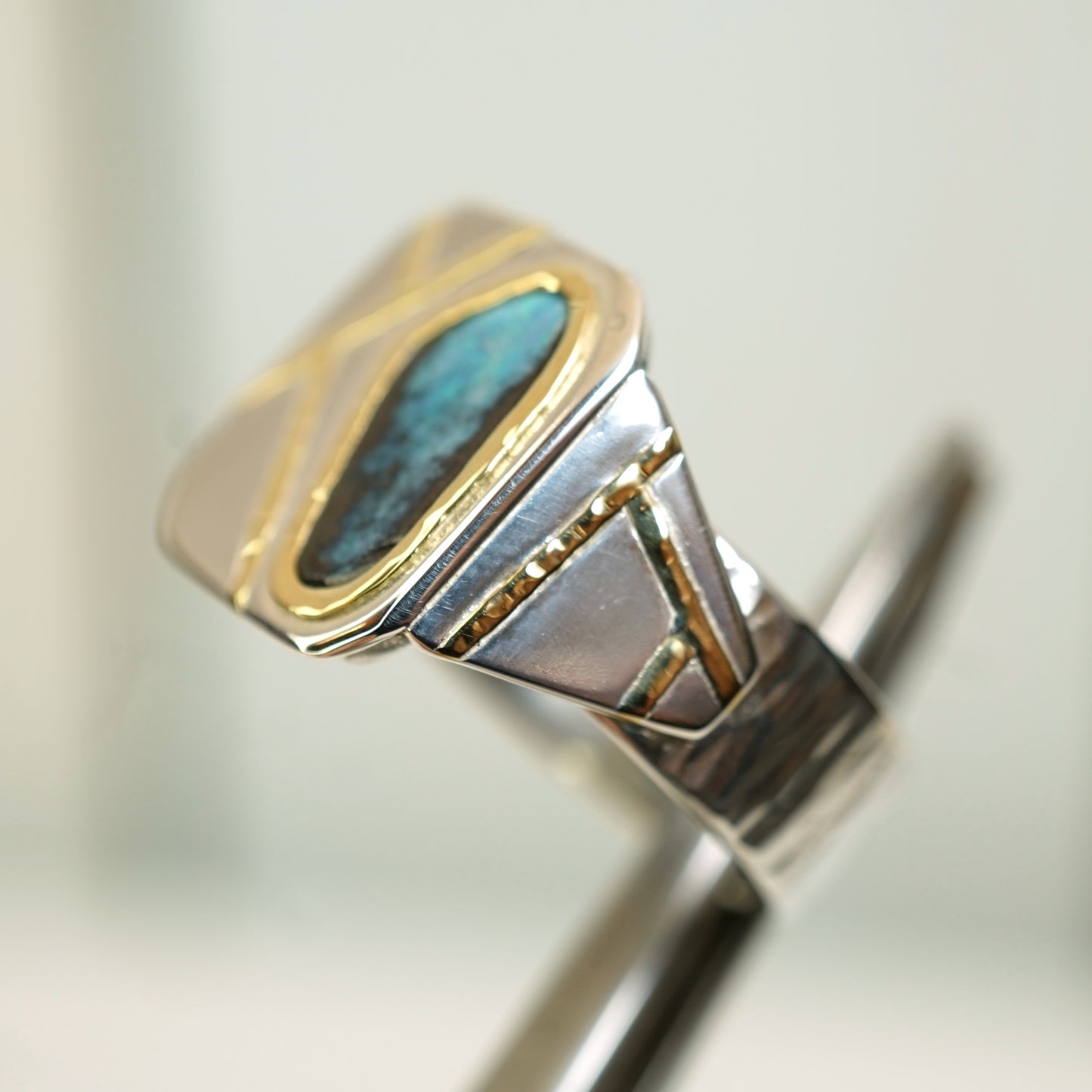 Australian Boulder opal, Silver and 18ct Gold Signet Ring, Size Q