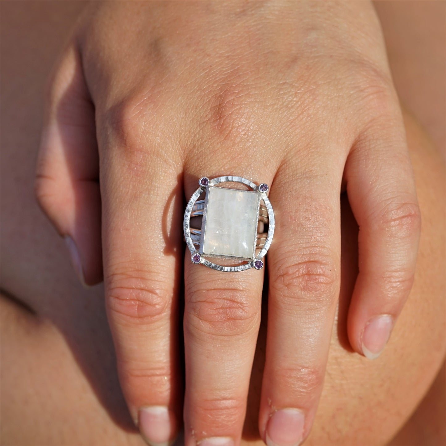 Rainbow Moonstone and Amethyst Ring
