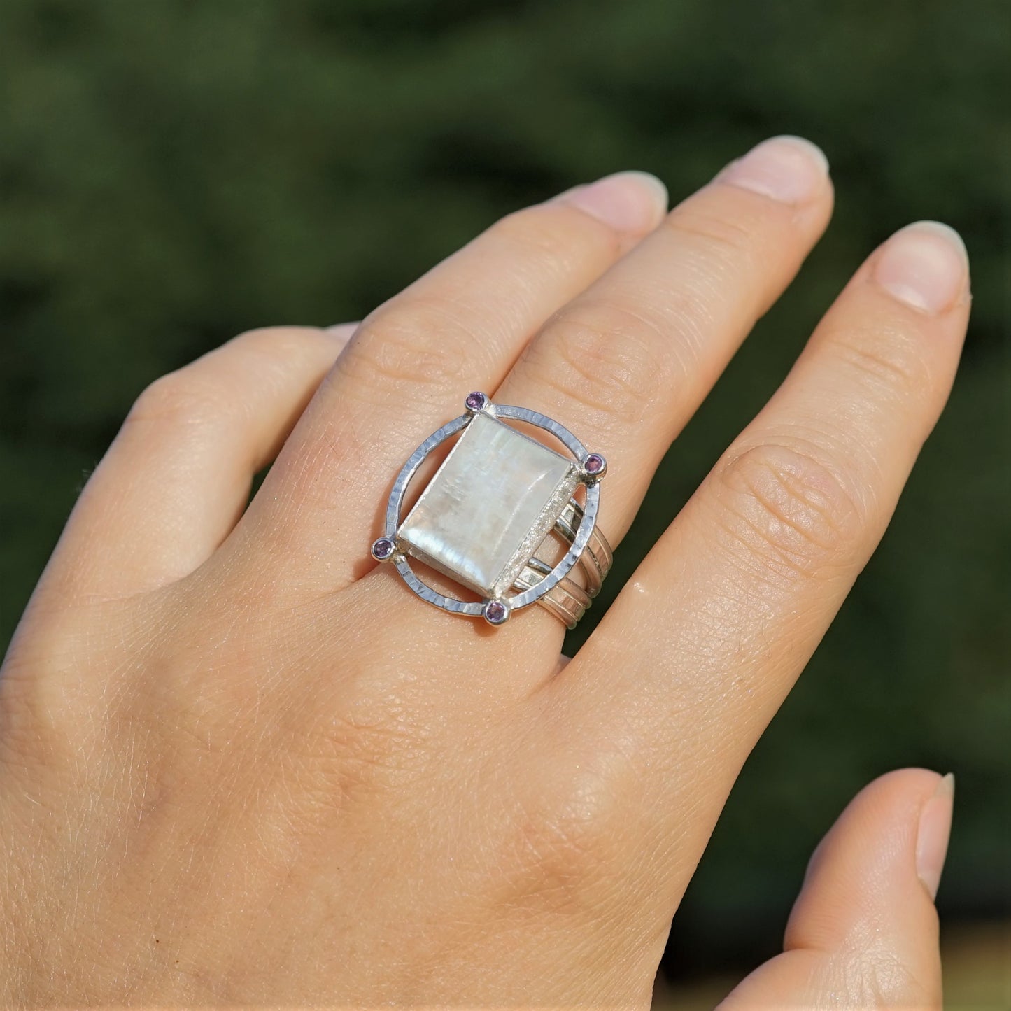 Rainbow Moonstone and Amethyst Ring