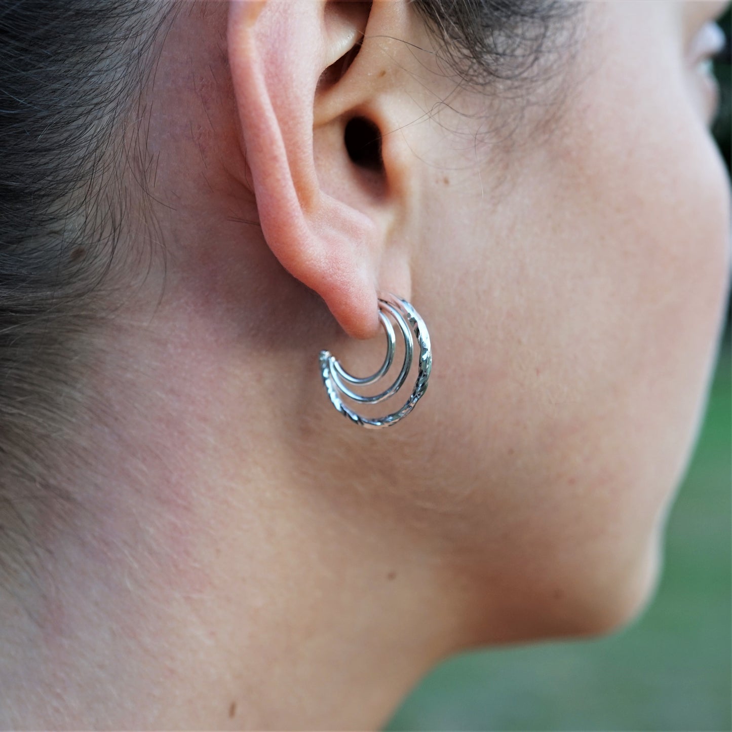 Hammered and handmade 925 Sterling Silver 3 Hoop Earrings