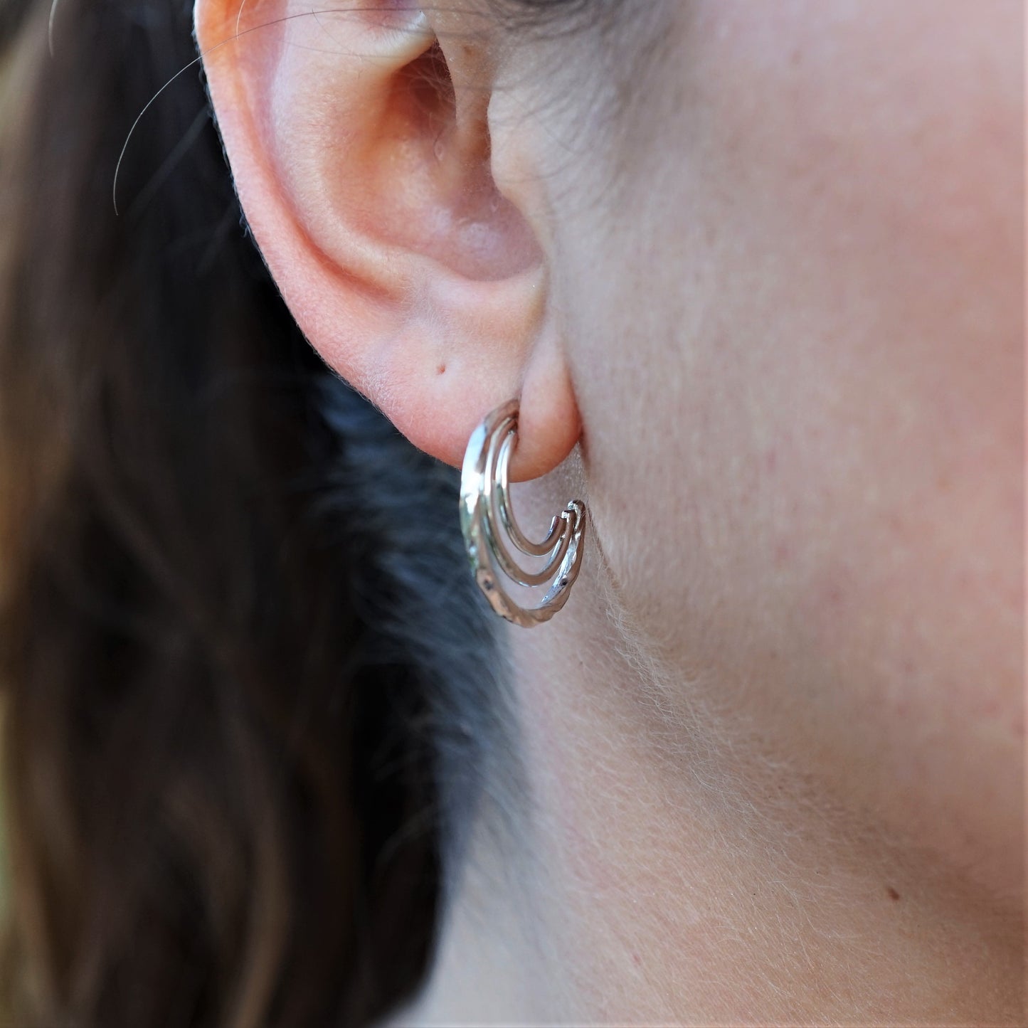 Hammered and handmade 925 Sterling Silver 3 Hoop Earrings