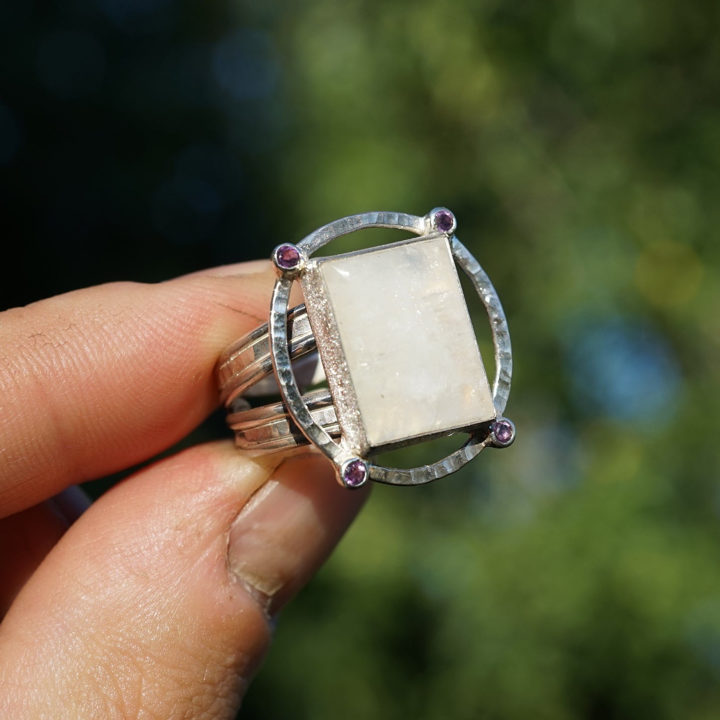 Rainbow Moonstone and Amethyst Ring