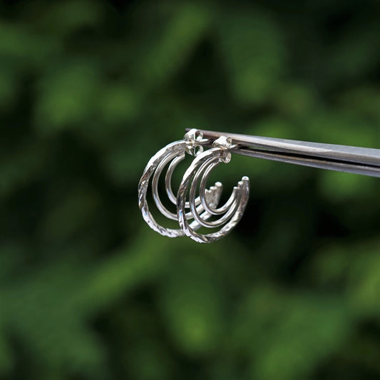 Hammered and handmade 925 Sterling Silver 3 Hoop Earrings