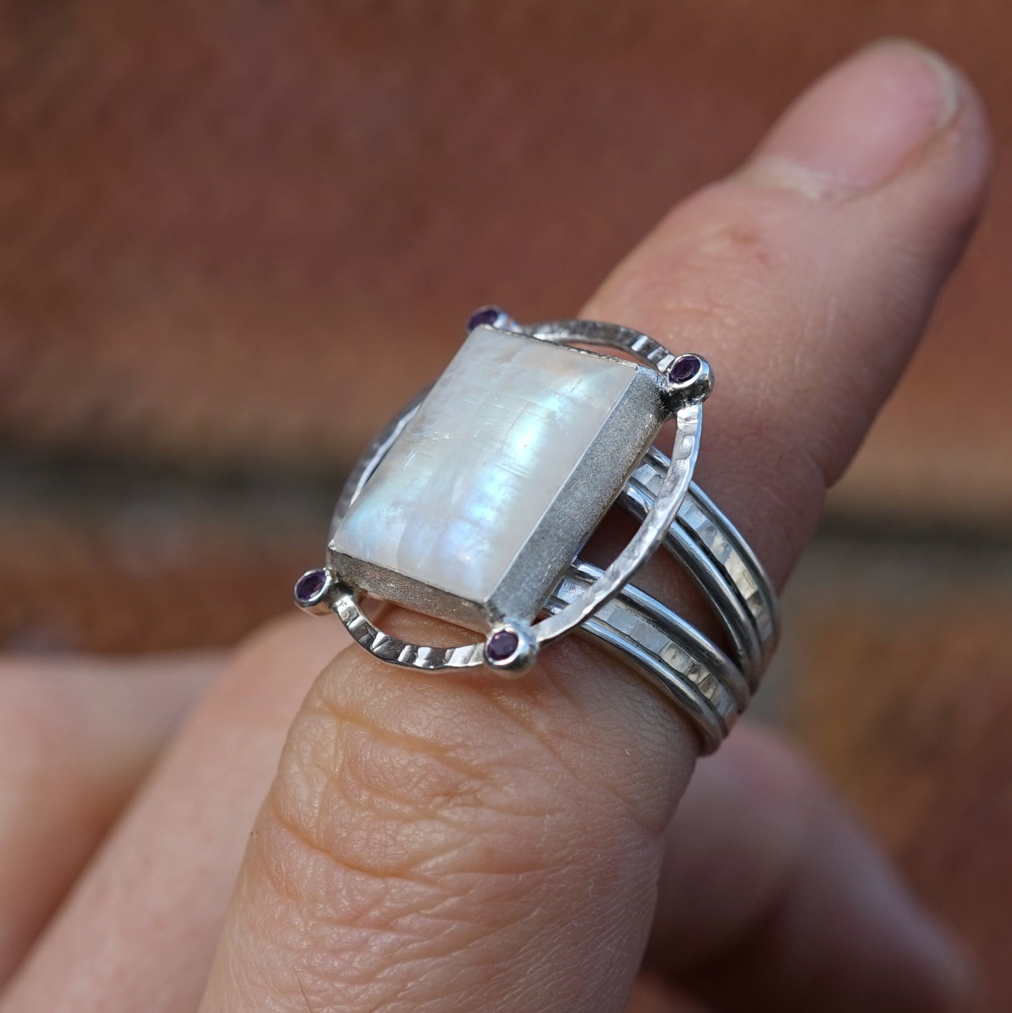 Rainbow Moonstone and Amethyst Ring