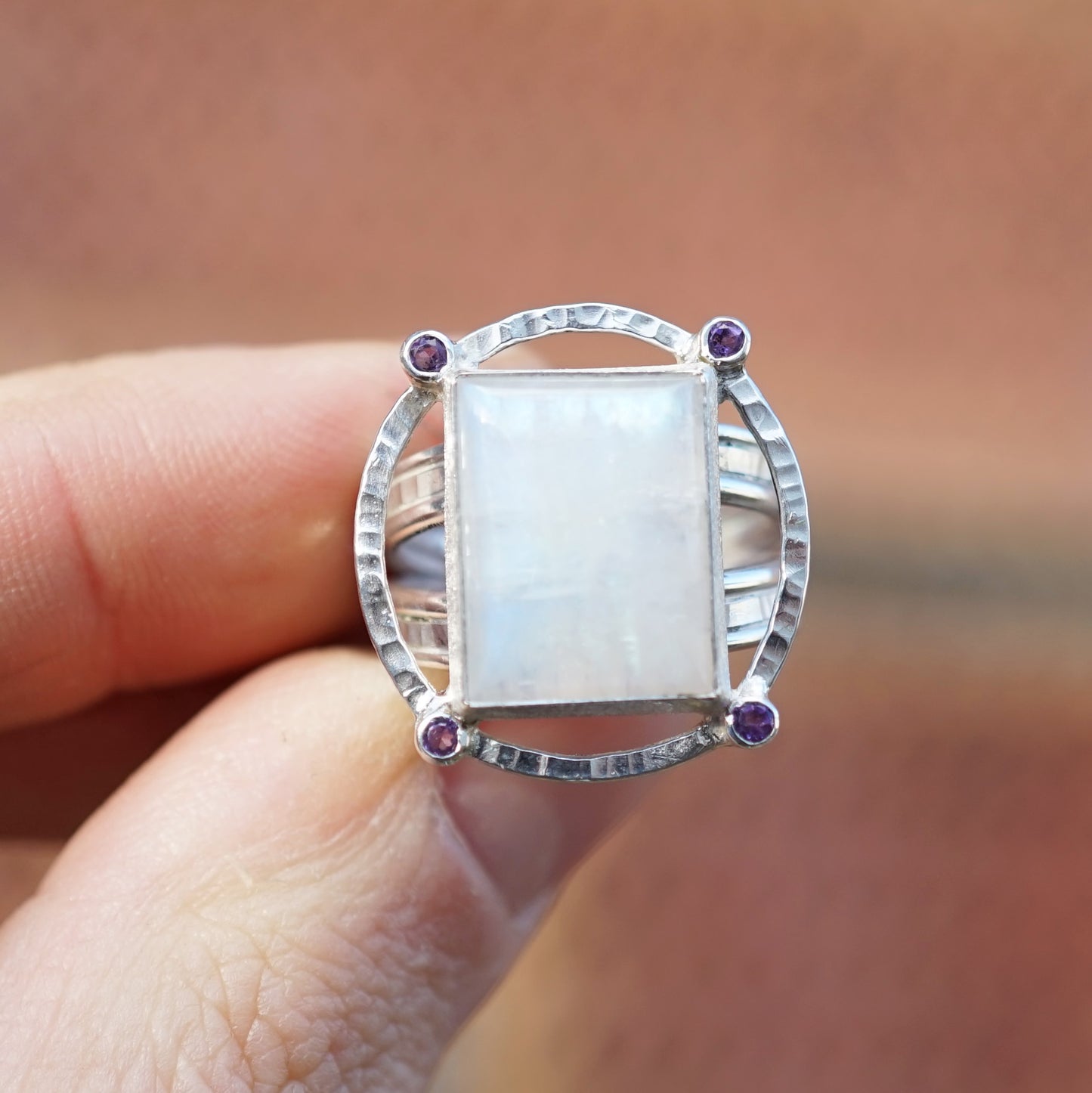 Rainbow Moonstone and Amethyst Ring