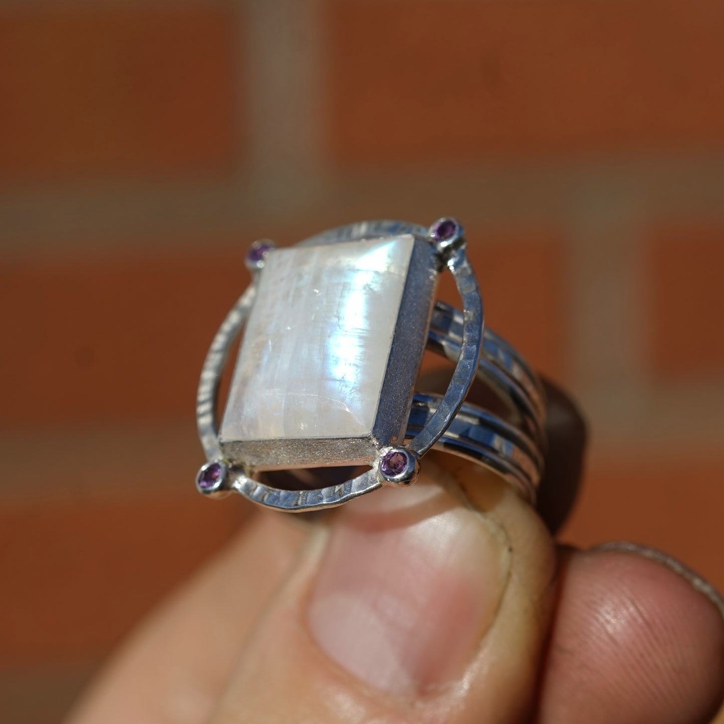Rainbow Moonstone and Amethyst Ring