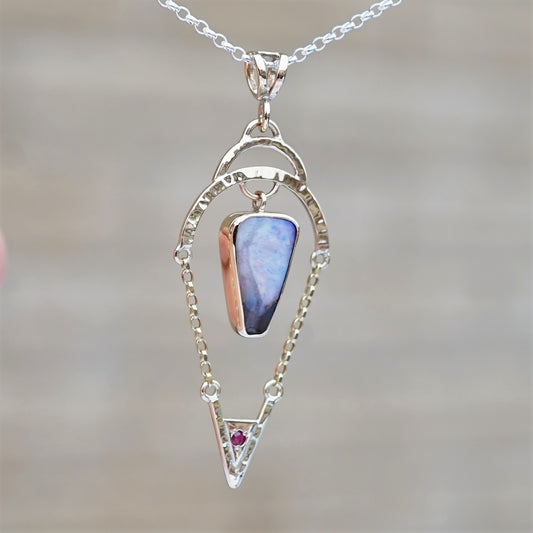 Australian Boulder Opal, Pink Ruby and 9ct Gold Pendant