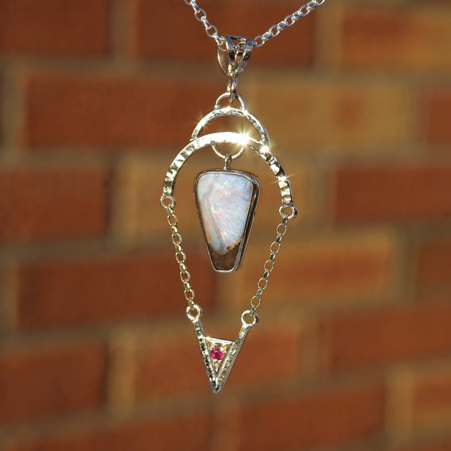 Australian Boulder Opal, Pink Ruby and 9ct Gold Pendant
