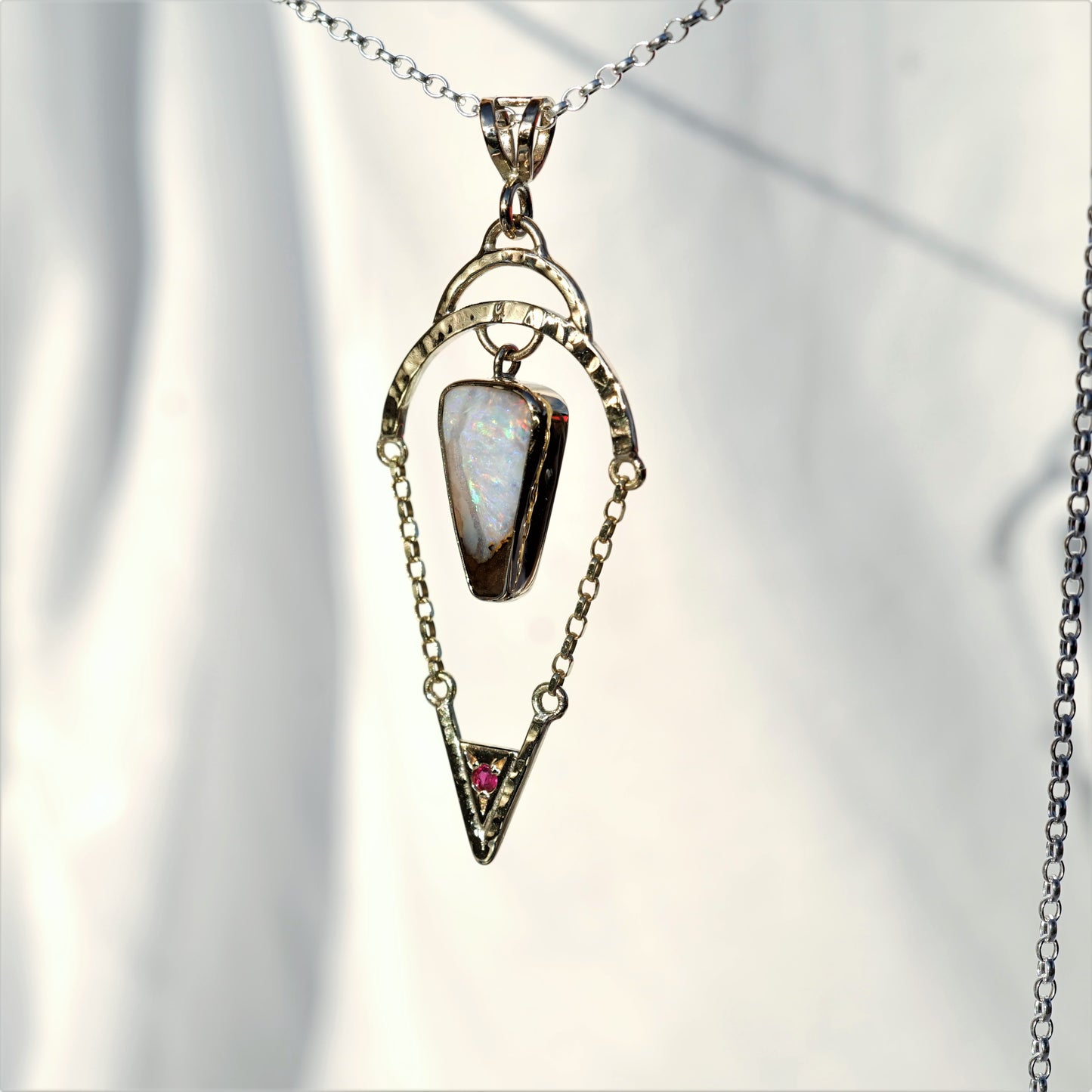 Australian Boulder Opal, Pink Ruby and 9ct Gold Pendant
