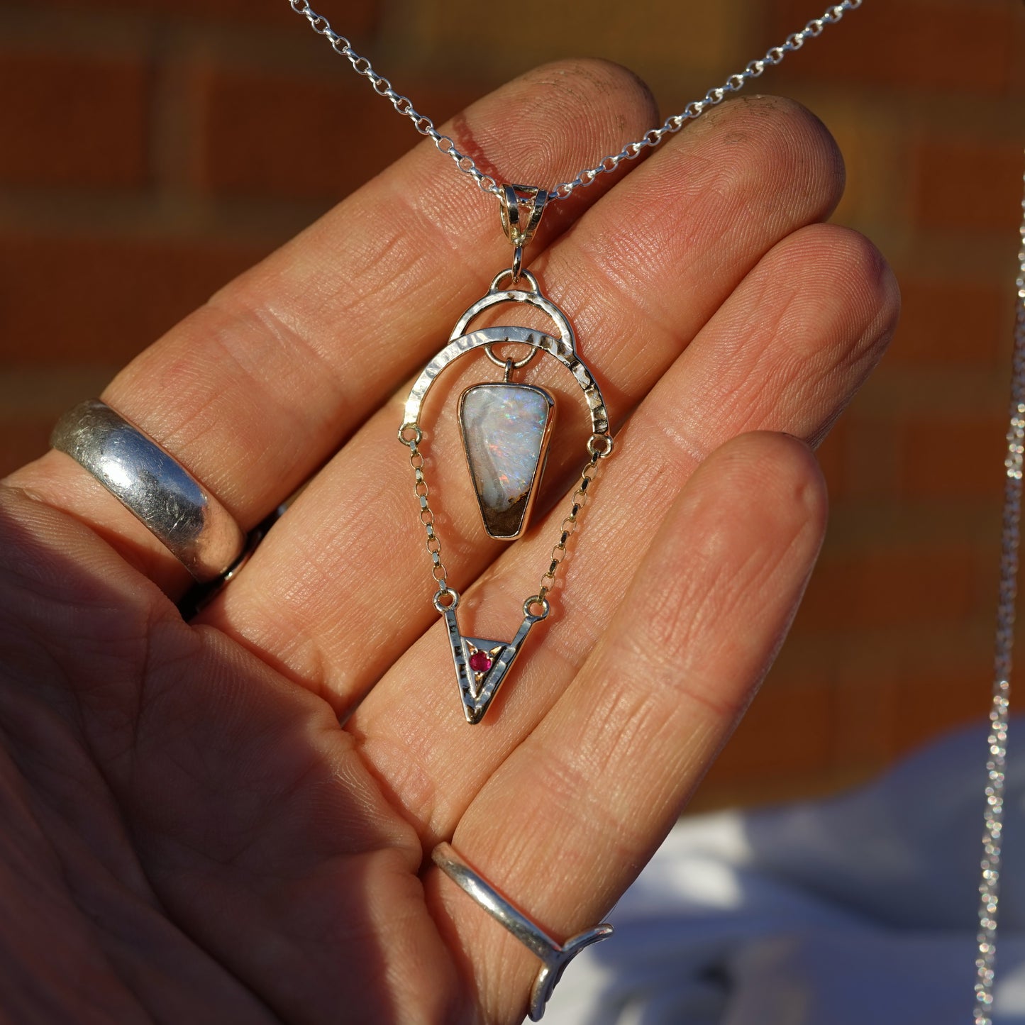 Australian Boulder Opal, Pink Ruby and 9ct Gold Pendant