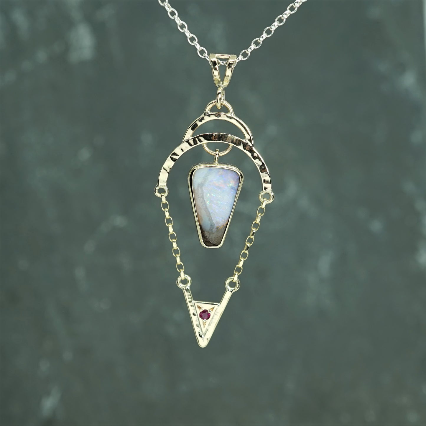 Australian Boulder Opal, Pink Ruby and 9ct Gold Pendant