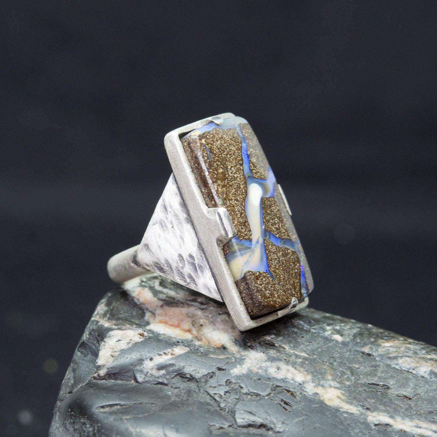 Rectangle Australian Opal Silver Ring