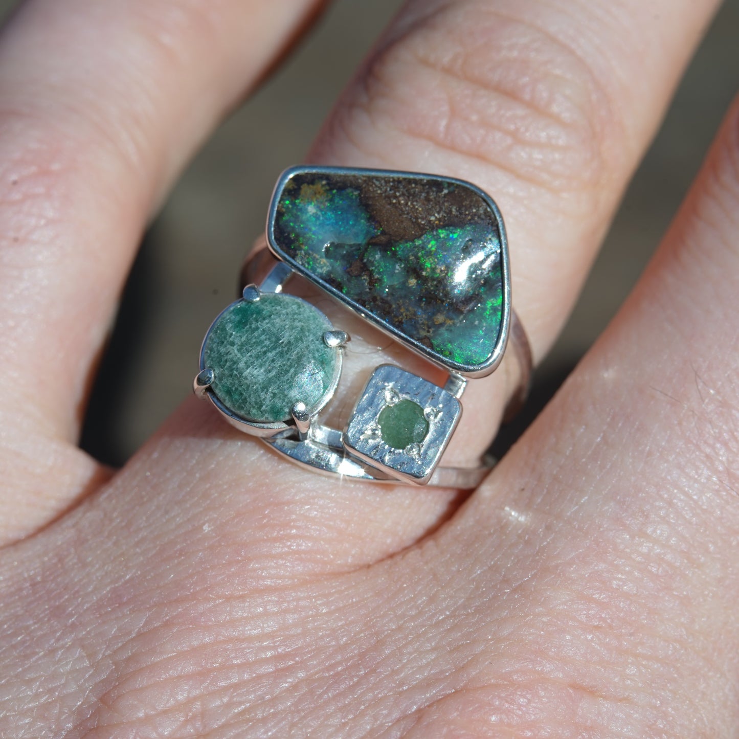 Australian Boulder Opal and Emerald, Sterling Silver Ring