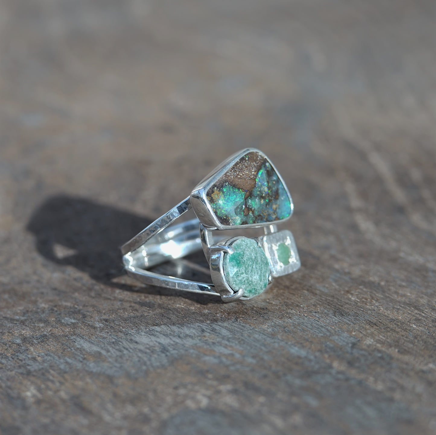 Australian Boulder Opal and Emerald, Sterling Silver Ring