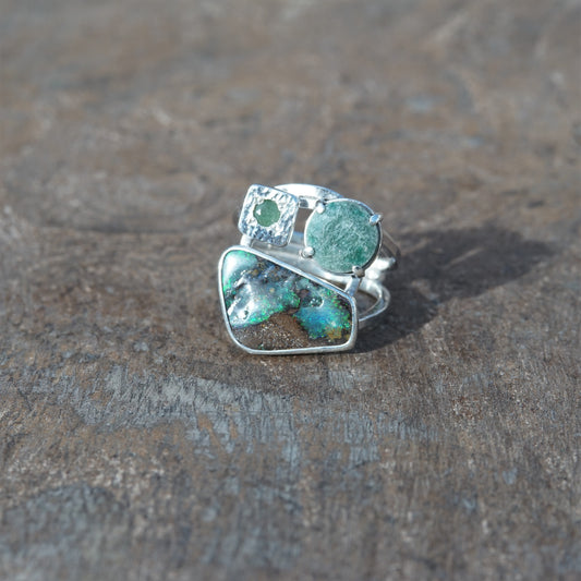Australian Boulder Opal and Emerald, Sterling Silver Ring