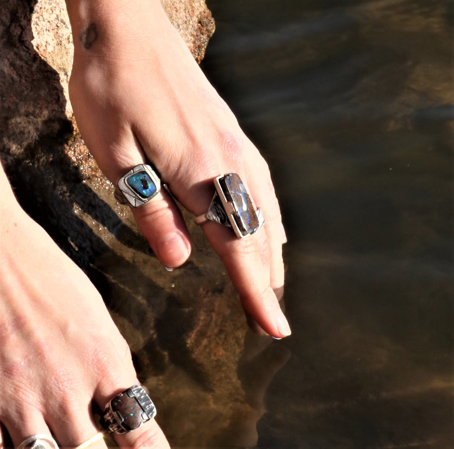 Rectangle Australian Opal Silver Ring