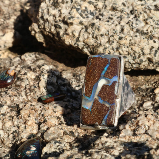 Rectangle Australian Opal Silver Ring