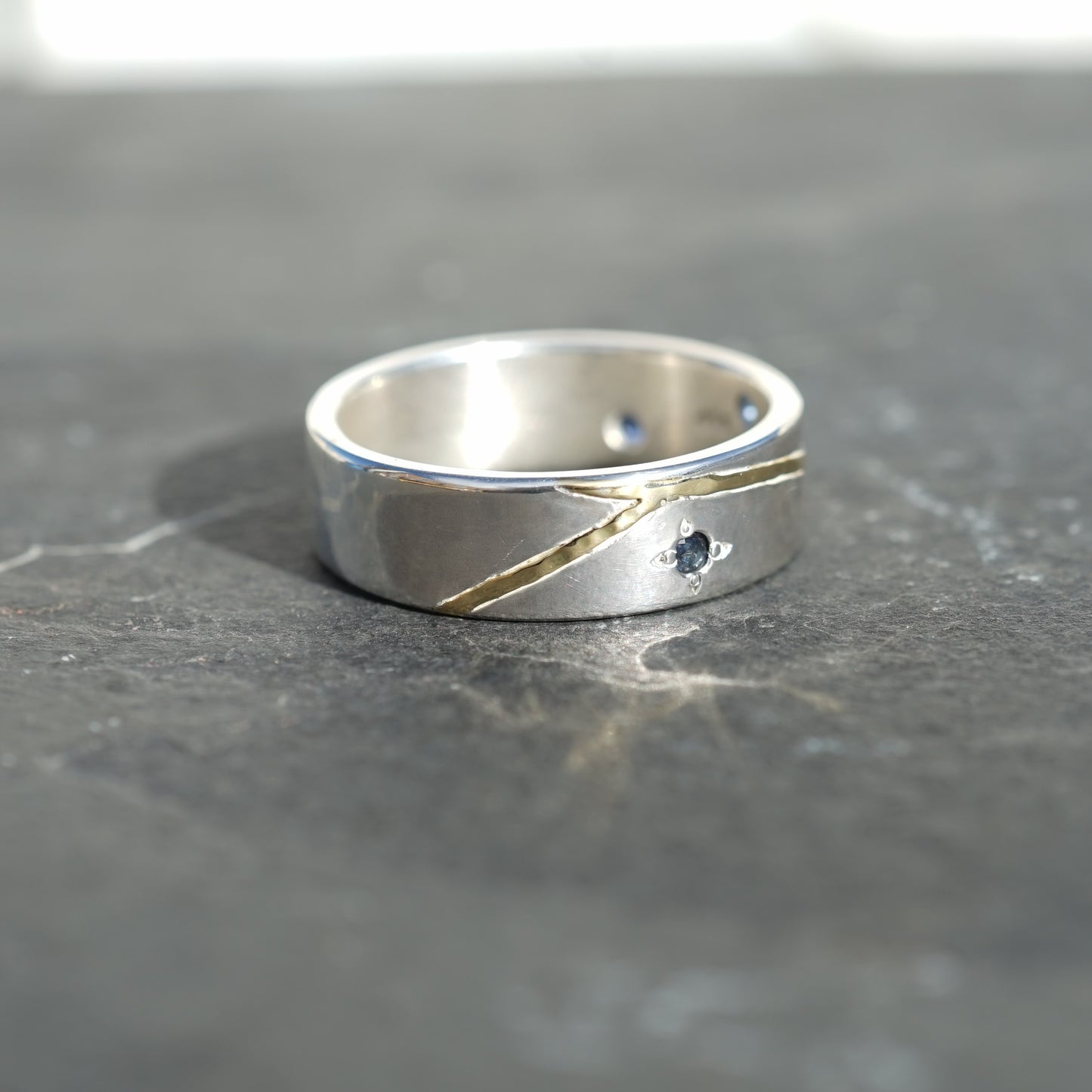 Silver, Blue Sapphire and 18ct Gold Ring, size V