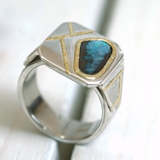 Australian Boulder opal, Silver and 18ct Gold Signet Ring, Size Q