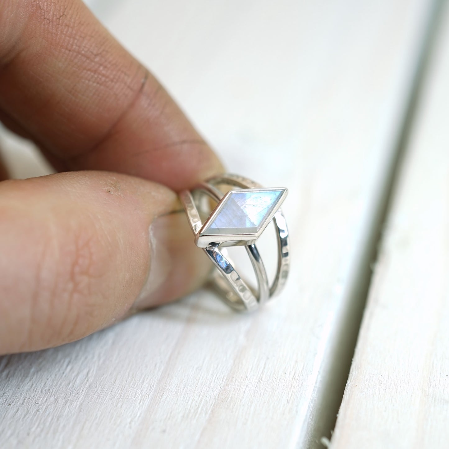 Rainbow Moonstone Silver Ring, size M