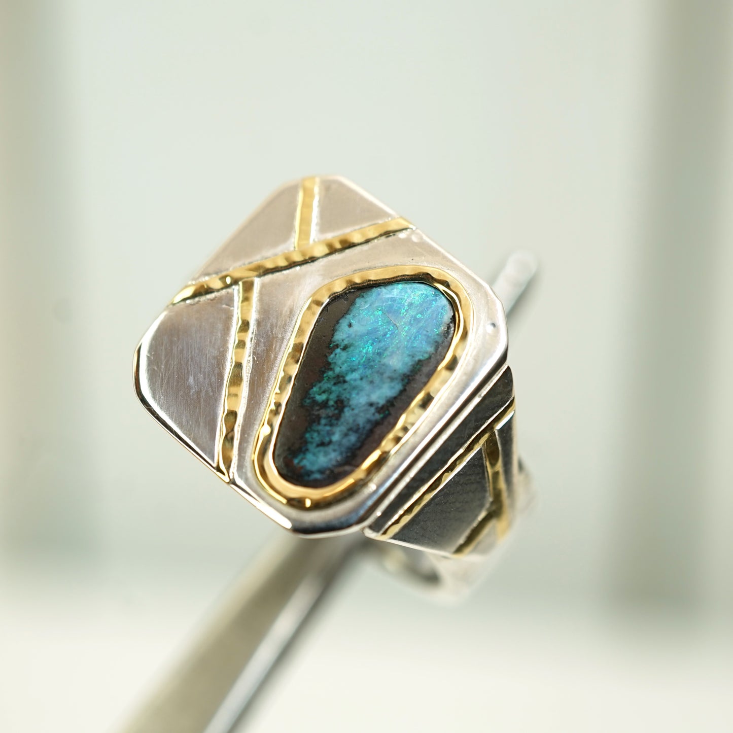 Australian Boulder opal, Silver and 18ct Gold Signet Ring, Size Q