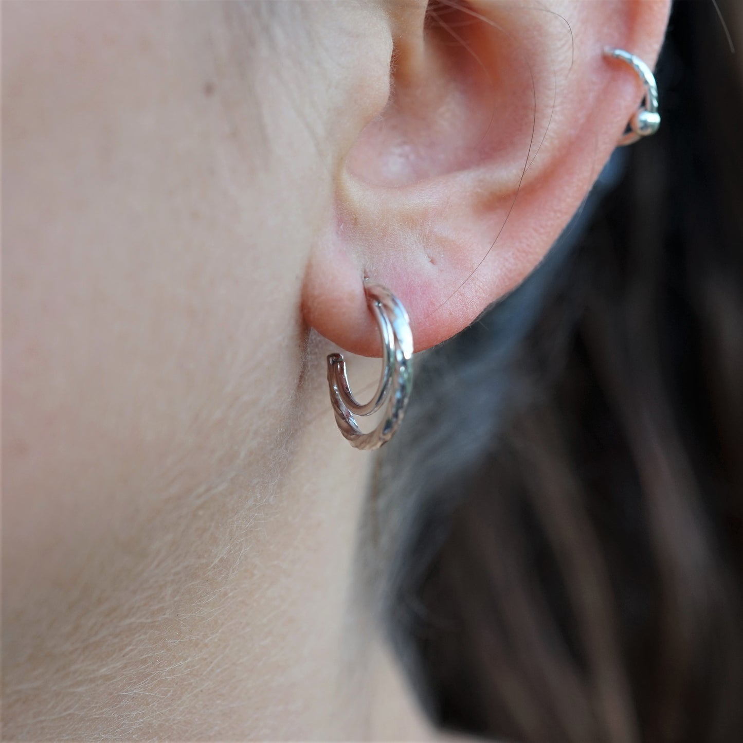 Hammered and handmade 925 Sterling Silver 2 Hoop Earrings