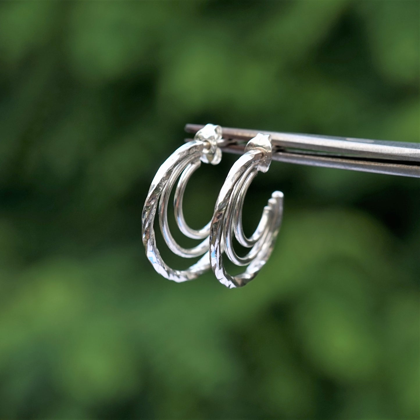 Hammered and handmade 925 Sterling Silver 3 Hoop Earrings