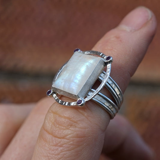 Rainbow Moonstone and Amethyst Ring