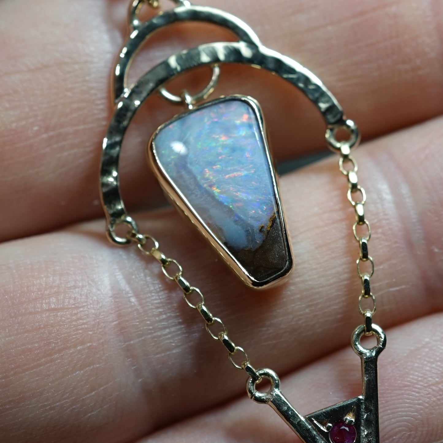 Australian Boulder Opal, Pink Ruby and 9ct Gold Pendant