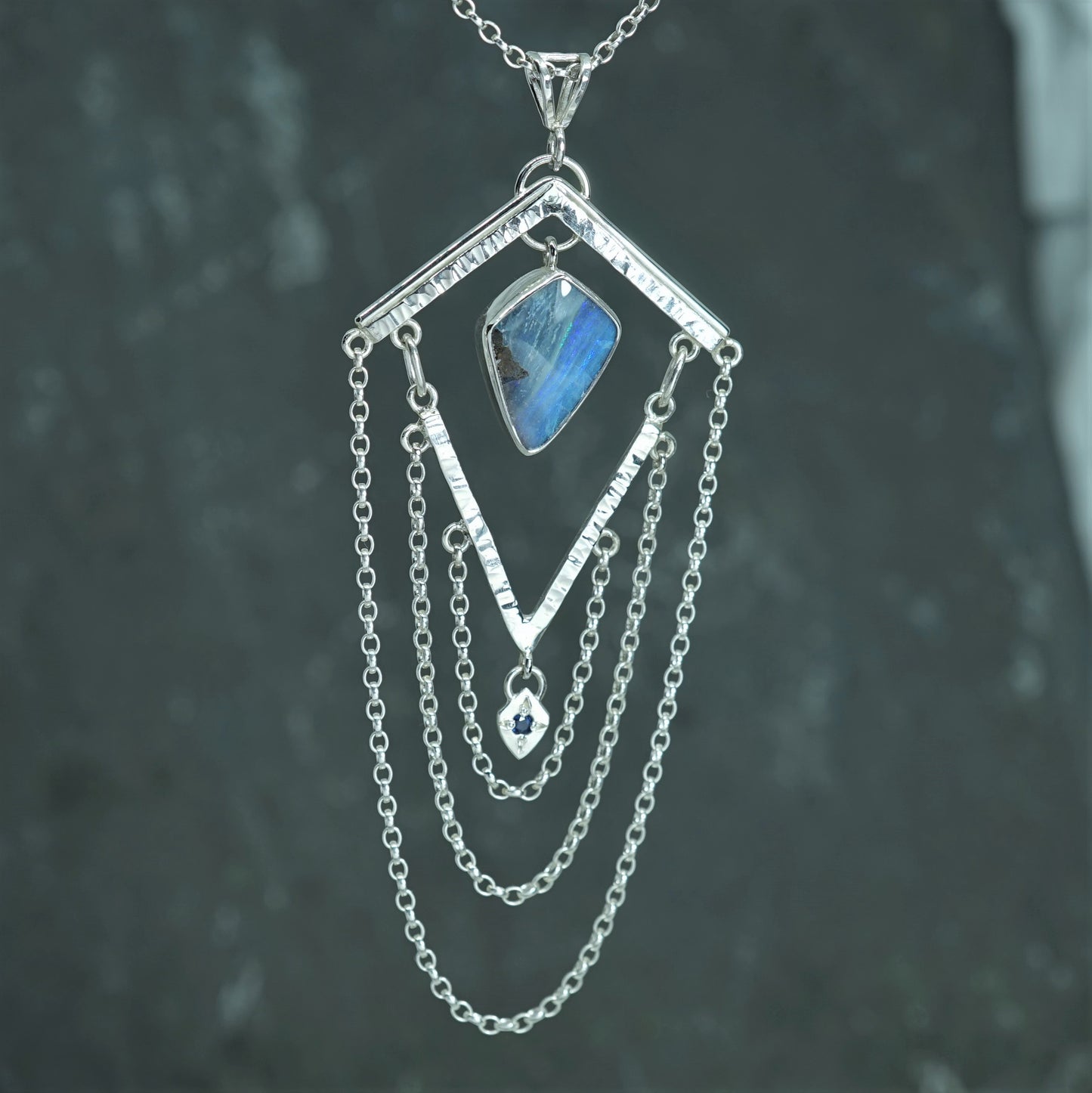 Australian Boulder Opal and Blue Sapphire Silver Pendant