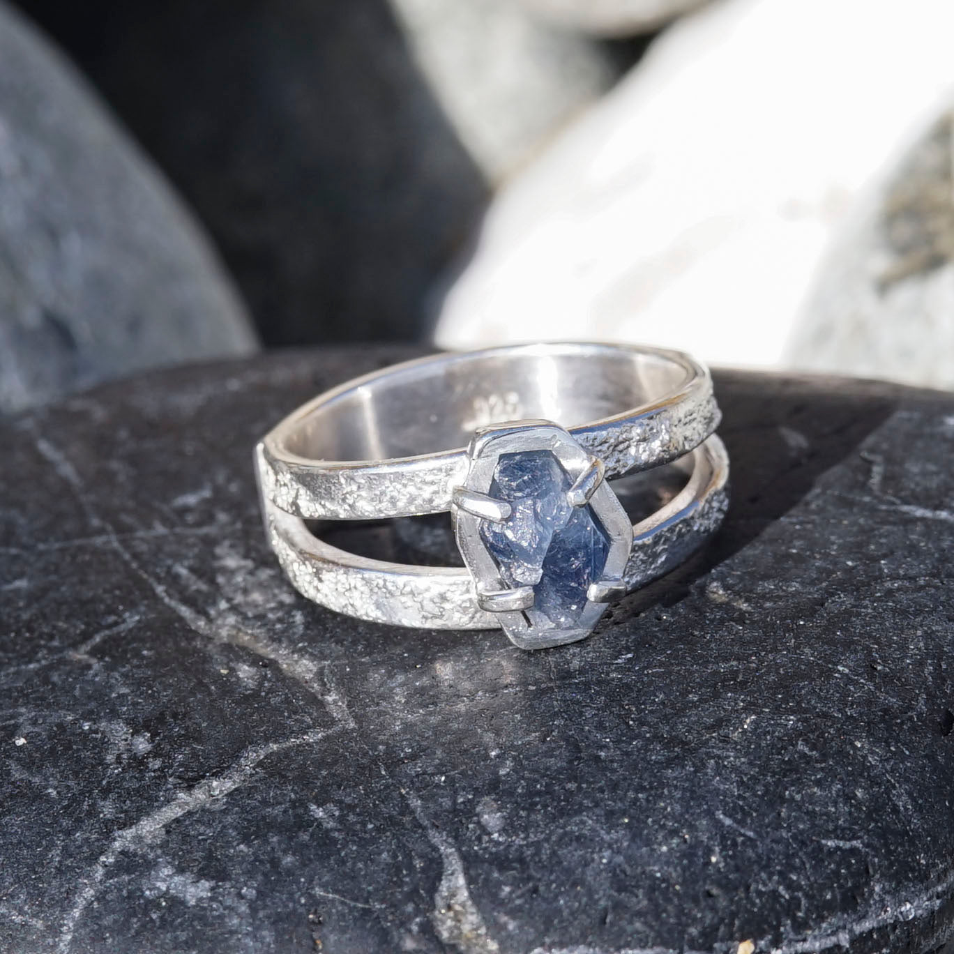 Raw Sapphire, 925 Sterling Silver, Split Band Ring