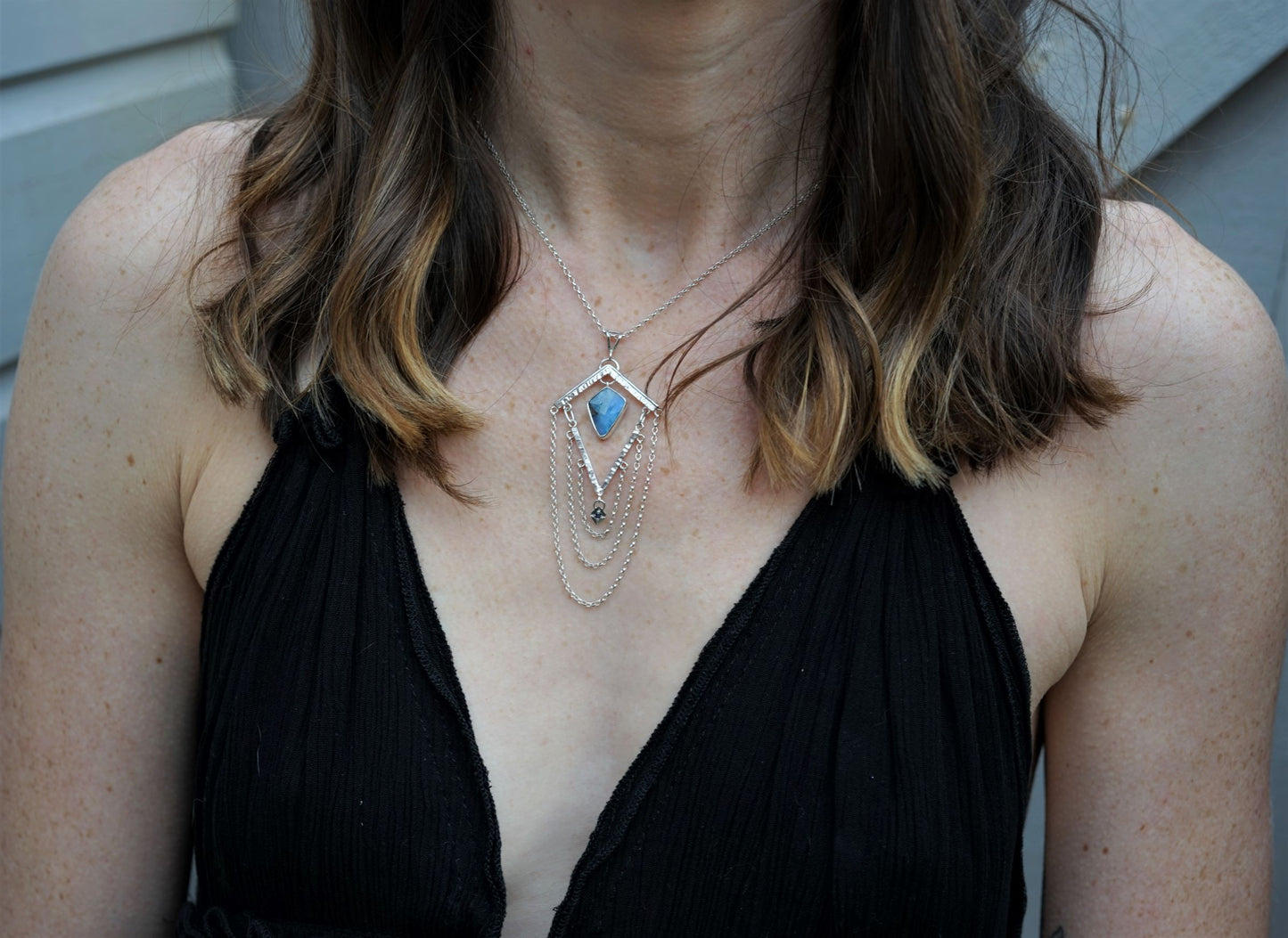 Australian Boulder Opal and Blue Sapphire Silver Pendant