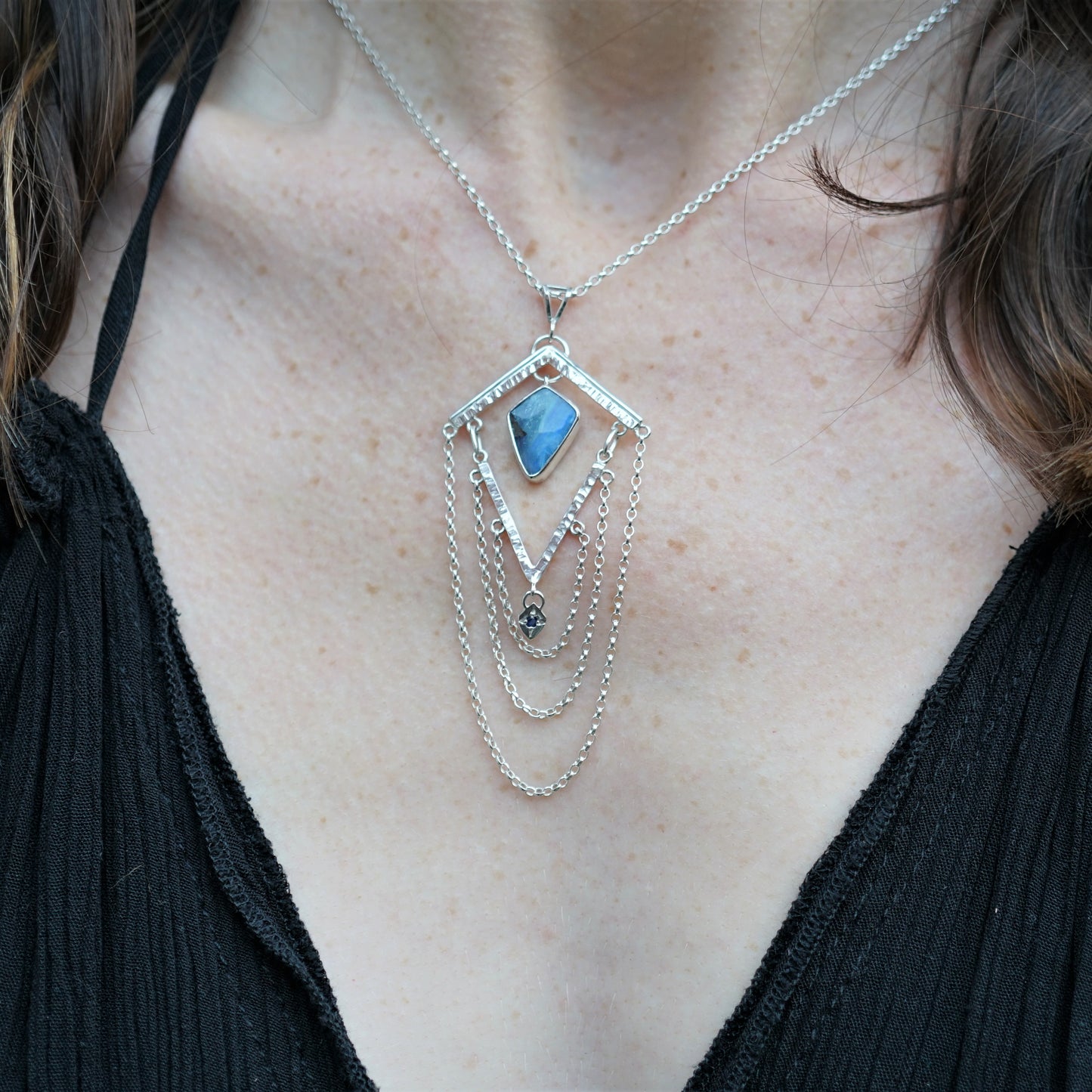 Australian Boulder Opal and Blue Sapphire Silver Pendant