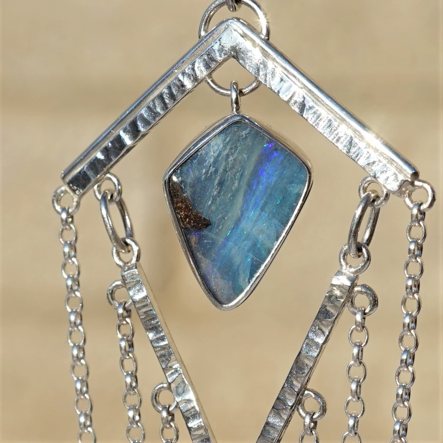 Australian Boulder Opal and Blue Sapphire Silver Pendant