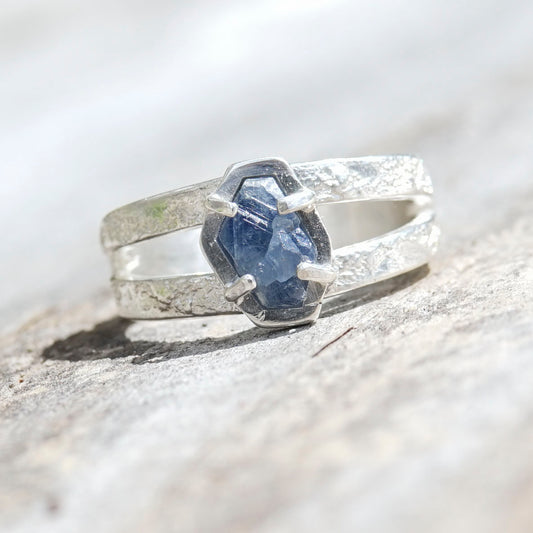 Raw Sapphire, 925 Sterling Silver, Split Band Ring
