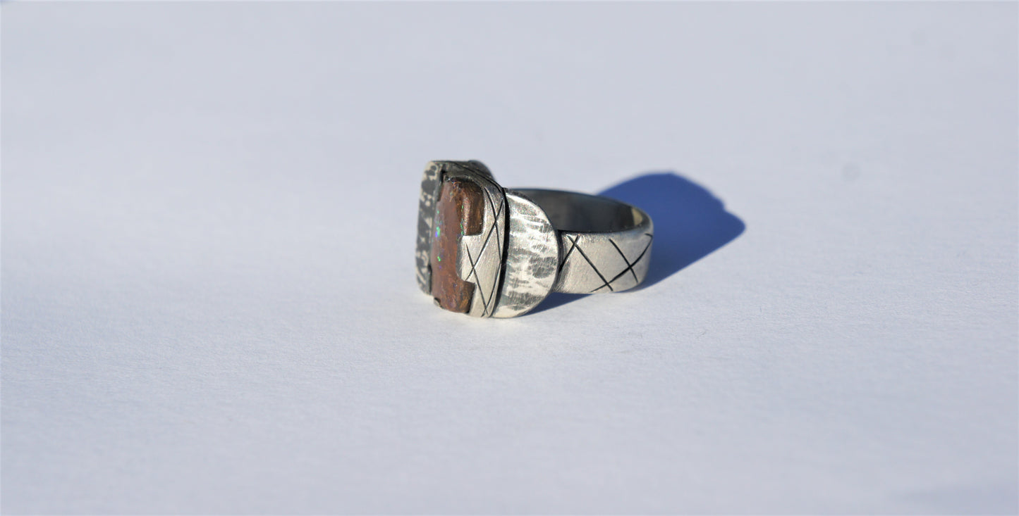 Australian Boulder Opal in a Silver Sovereign Style Ring