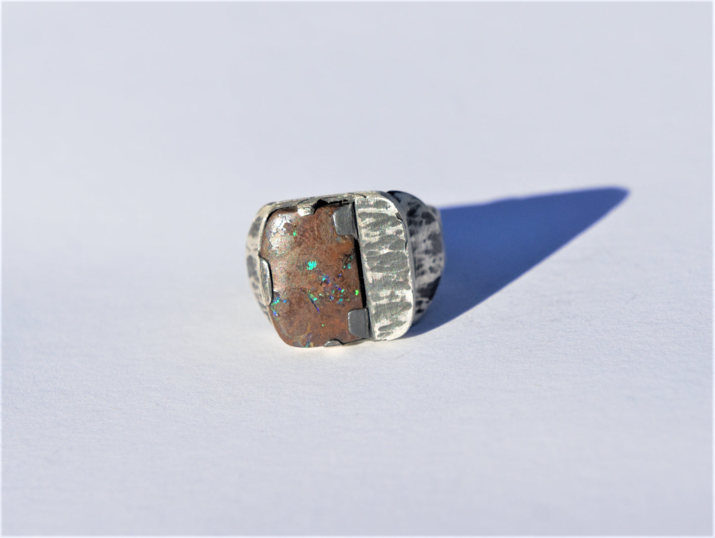 Australian Boulder Opal in a Silver Sovereign Style Ring