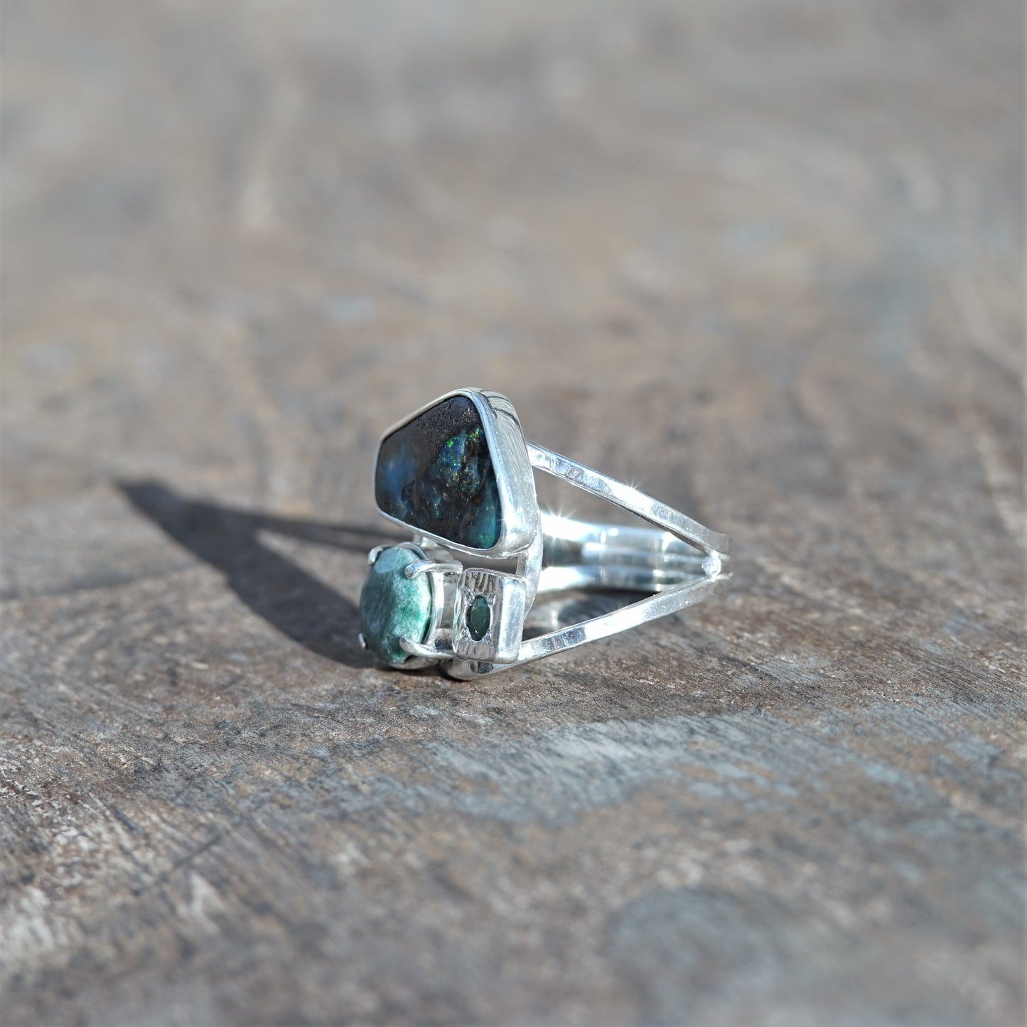 Australian Boulder Opal and Emerald, Sterling Silver Ring
