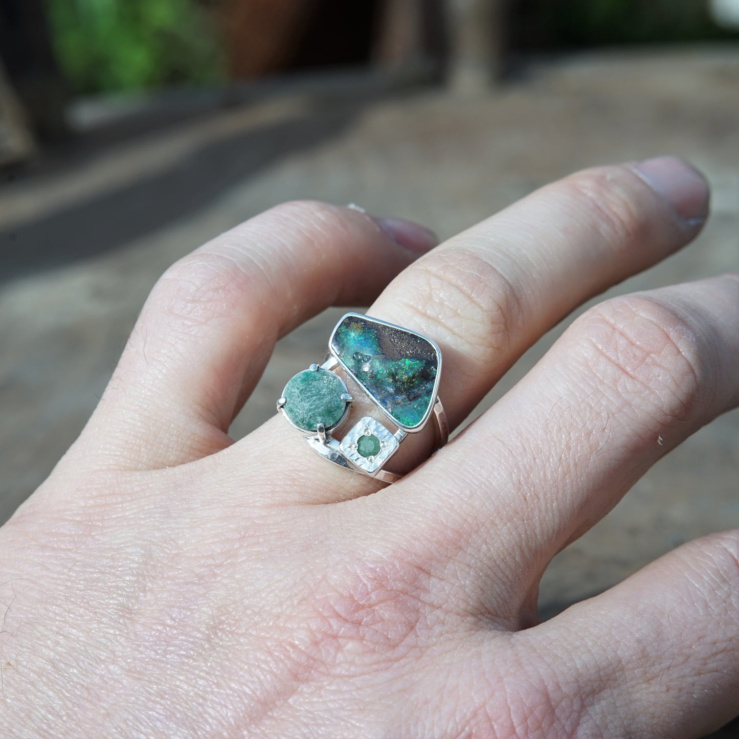 Australian Boulder Opal and Emerald, Sterling Silver Ring